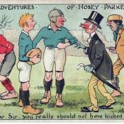 Mr Nosey Parker was a term in common use from the late 19th century onwards. This postcard is from a series published in 1907. Credit: Adventures_nosey_parker_rugby.jpg