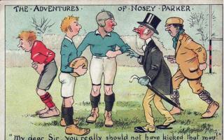 Mr Nosey Parker was a term in common use from the late 19th century onwards. This postcard is from a series published in 1907. Credit: Adventures_nosey_parker_rugby.jpg