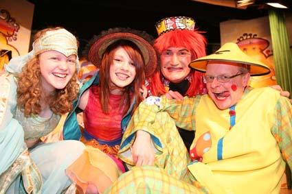 Some of the cast of Malton and Norton Musical Theatre's production of Aladdin. Martha Goswald, as the Genie, left, Bethany Fox, the Spirit of the Ring, Rory Queen, the Dame, and Mark Poole as Wishee Washee. 
