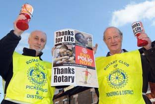 Pickering and district Rotary Club collect money to help win the war against polio. Pictured are Derek Thrippleton, left, and Peter Woodall, getting ready for the Polio Plus fundraising events.
