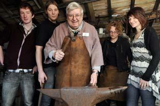 Robin Butler celebrating his 80th birthday with other blacksmiths at the Ryedale Folk Museum, (from left) Joel Schulze, Henry Woolgar, Charlotte Bramley and Robyn Hartas.
