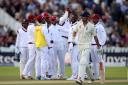 West Indies players celebrate a rare success during the first Test at Edgbaston, although England opener Alastair Cook had scored 243 before he was finally dismissed – Picture: Nick Potts/PA Wire