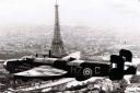 An Elvington Halifax French bomber flies over liberated Paris in 1944