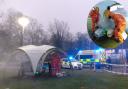 The 'alien spacecraft' under its forensics tent at Lord Deramore's Primary. Inset: forensics scientists in hazmat suits take a closer look at the 'UFO'