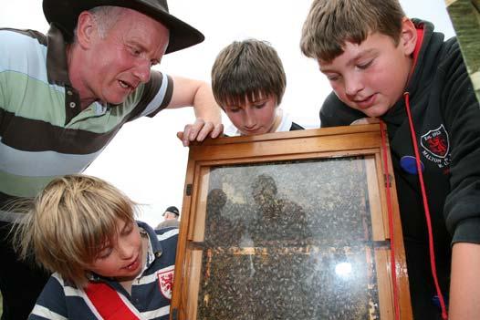 Young visitors learning about bees at the Malton Bee Keepers tent at Malton Show, with Bee keeper Ralph Defty. 