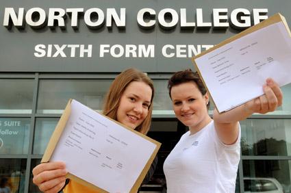 Norton College students Milly Armstrong  (left) and Millie Witty celebrate their outstanding A-level results. 