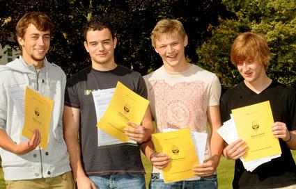 Pupils at Malton School celebrate A level results.
(From left) Amos Abrahams, Tommy Leach, Matthew Wilson, Harry Burns.