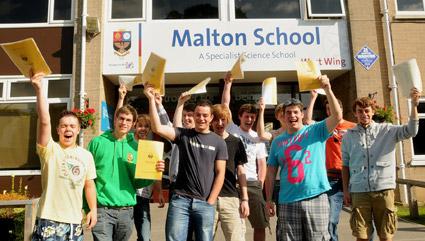 Pupils at Malton School celebrate their A-level results. 