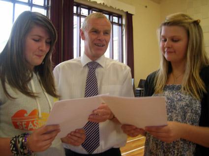 Retiring head of Ryedale School, Geoff Jenkinson, congratulates two of the school's top GCSE achievers, Heather Leckenby and Ava Podgorski.