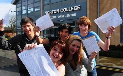 Norton College pupils celebrate their GCSE success. Back, from left: Harry Payne, Joe Payne , Jack Bradshaw. Front, from left: Rosie Mortimer and Poppy Scott.