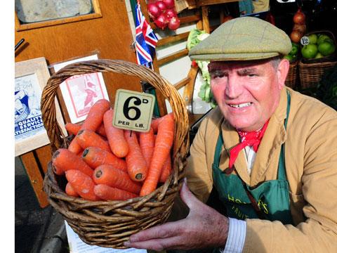 Greengrocer Melvin Hoyle at the North Yorkshire Moors Railway In Wartime weekend.