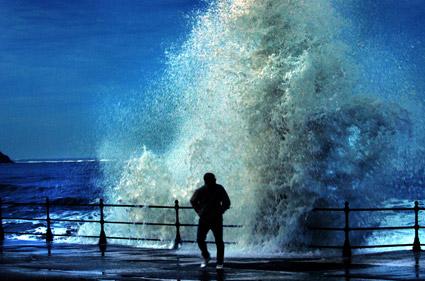 A dramatic scene on the sea-front at Scarborough as huge waves crashed against the sea wall during high winds.