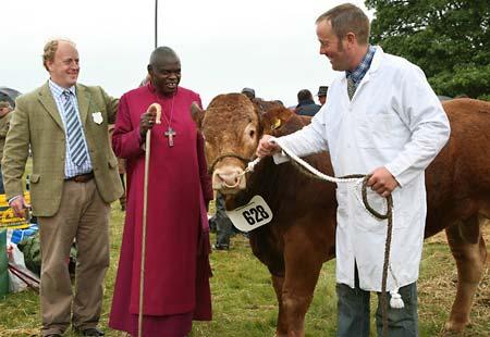 The Archbishop of York Jon Sentamu with the Acting Chairman of Malton Show, Charlie Breese, meet Edward Mackley and his bull Fabrigas which won Champion Limousin at the  show