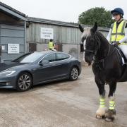 Princess Anne watches an electric car being driven past student Katie Golby riding Choco   Picture:Kate Mallender