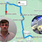 The route of the police pursuit with (inset) William Andrew Sidney Russell and police cars