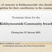 Kirkbymoorside Town Council are inviting nominations for the Kirkbymoorside Community Award