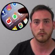 Paedophile Stuart Witham and (inset social media apps on a phone)