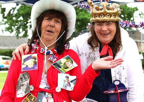 Anne Parking, who made a scrapbook dress for the Stamford Bridge Jubilee Party with her friend Pauline Gardner.