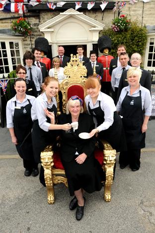 Helmsley  Market Place Jubilee Celebrations on Bank Holiday Tuesday   Black Swan employee, Jean Barton MBE becomes Queen for the Day  as the hotel prepares for their Jubilee Tea Party