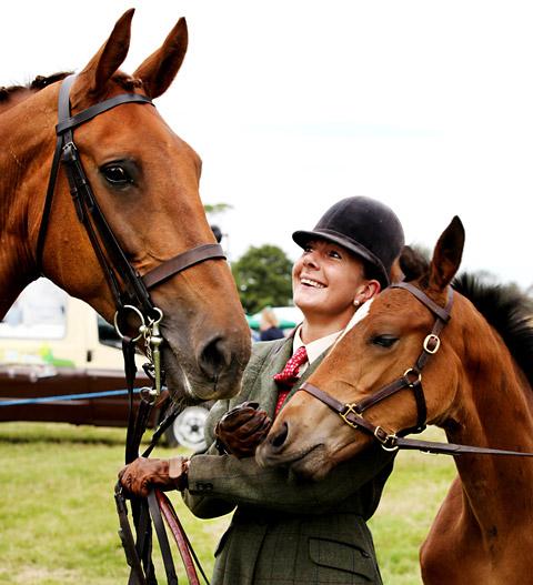 Jane Farrar with Fallon, and her three month old foal, before the heavy brood mare class at Malton Show. 