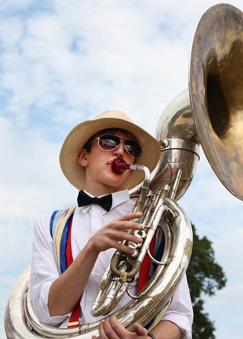 Laurence Marshall and his Sousaphone playing at Malton Show in the Jelly Roll Jazz Band.
