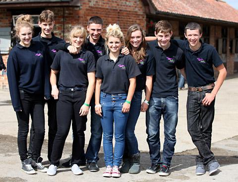 A group of trainee jockeys and stable lads and girls from the National Racing College who visited Norton Grange Stables for Malton Stables Open Day.
