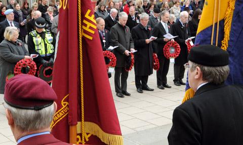  Flag bearers at the North Eastern Railway Cenotaph in York for the remembrance service.     