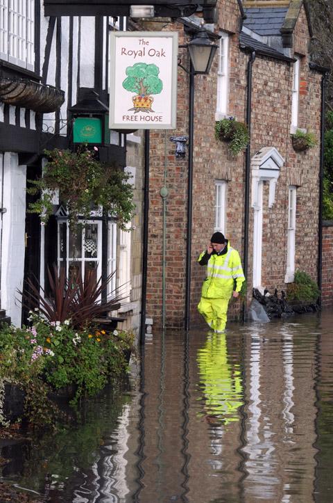 Floodwater lapping at the entrance to The Royal Oak pub in Old Malton.