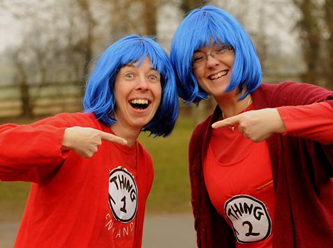 Kirkbymoorside Primary School teachers Ann-Marie Gray, left, and Sarah Woodward dressed as Thing 1 and Thing 2 from The Cat In The Hat, to celebrate World Book Day.
