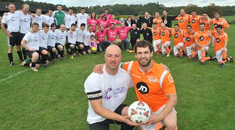 Duncombe Park captain Will Smith, left, with Emmerdale actor Kelvin Fletcher before the charity game in Memory of Liam Ogunshakin.