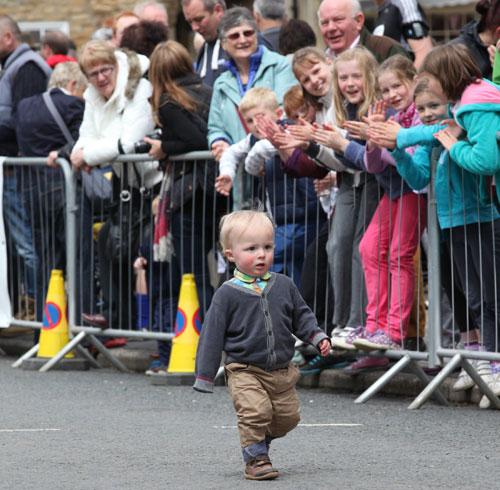 Seventeen-month-old George on his way to the finish line in the Kids Dash at Kirkbymoorside.