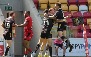 York Knights players celebrate Olly Butterworth's second try.