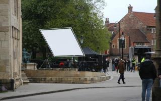 Film crews outside York Minster on Tuesday evening (April 23)