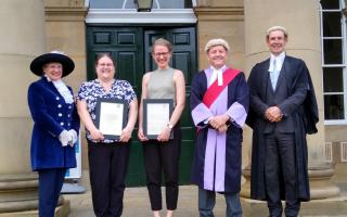 From left to right at York Crown Court: The High Sheriff of North Yorkshire, Dr Ruth Smith;  Court manager Chantal Hooson; jury officer Sanna Jeppsson, The Recorder of York, Judge Sean Morris and Recorder Andrew Dallas