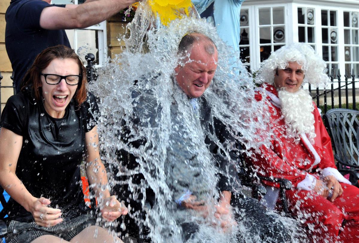 Manager Paul O'Hanlon gets a soaking as staff at The Black Swan Hotel in Helmsley took part in the ice bucket challenge.