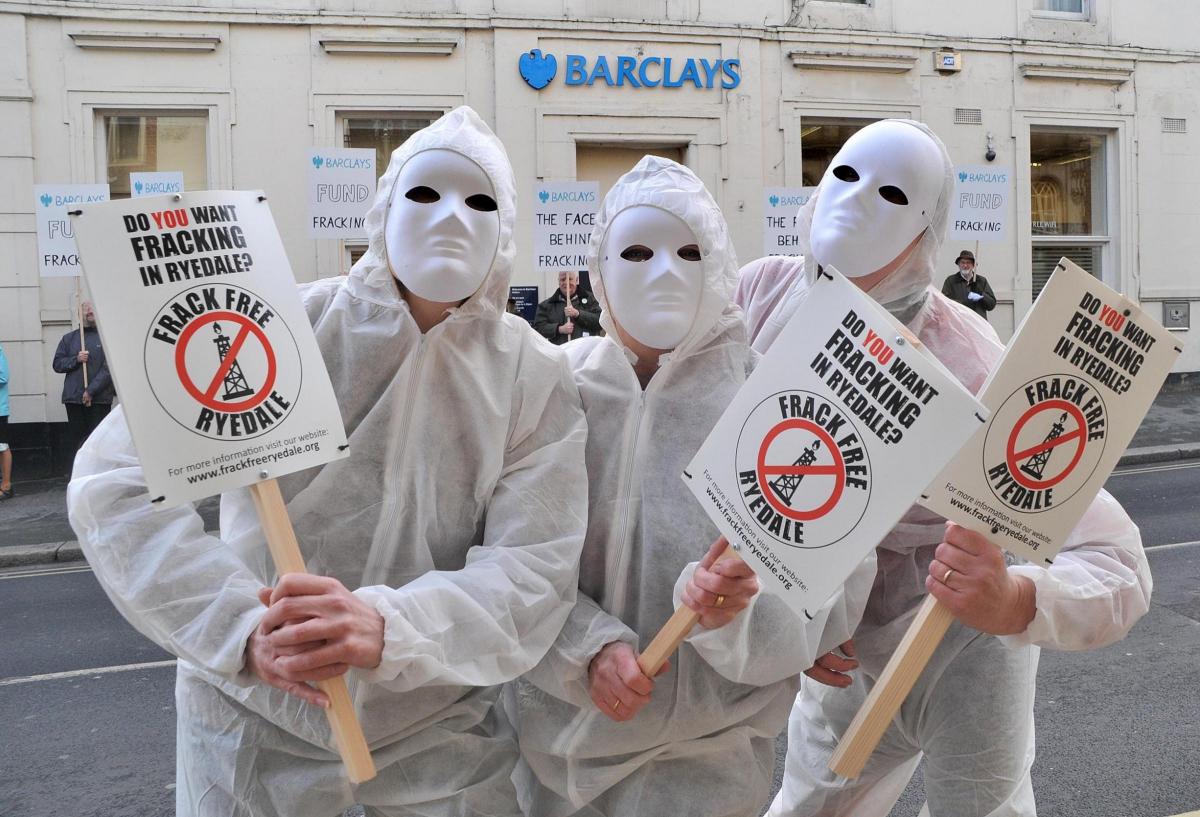  Anti-fracking protestors demonstrate outside Barclays bank in Malton.