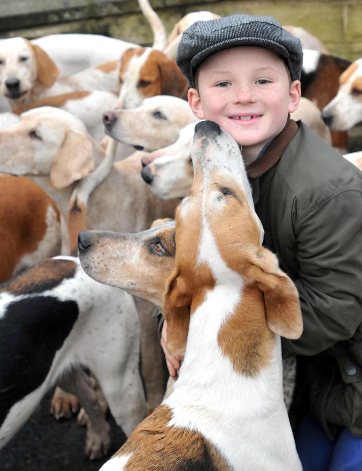  Oliver, eight, gets close up to the hounds as the Middleton Hunt meet at Malton Market Place on Boxing Day. 