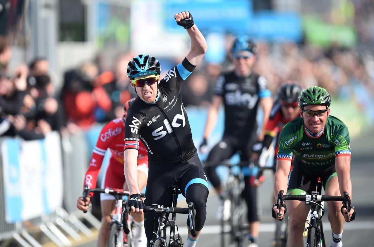 Team Sky rider Lars Petter Nordhaug celebrates winning the first stage of the Tour de Yorkshire. Photo: Martin Rickett/PA Wire.