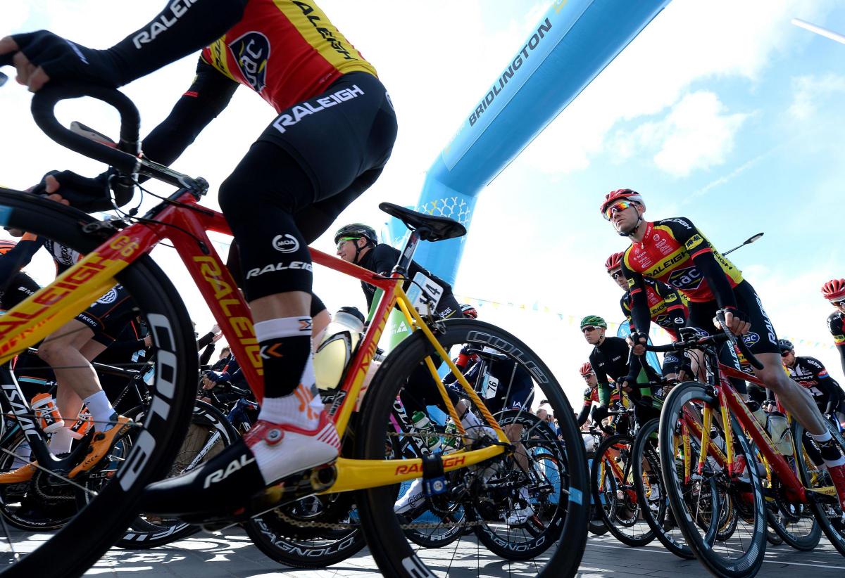 Riders set off from the start line in Bridlington for the first stage of the Tour de Yorkshire.  Photo:  Martin Rickett/PA Wire.