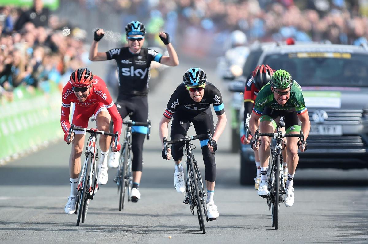 Team Sky rider Lars Petter Nordhaug (centre) on his way to winning the first stage of the Tour de Yorkshire. Photo: Martin Rickett/PA Wire.