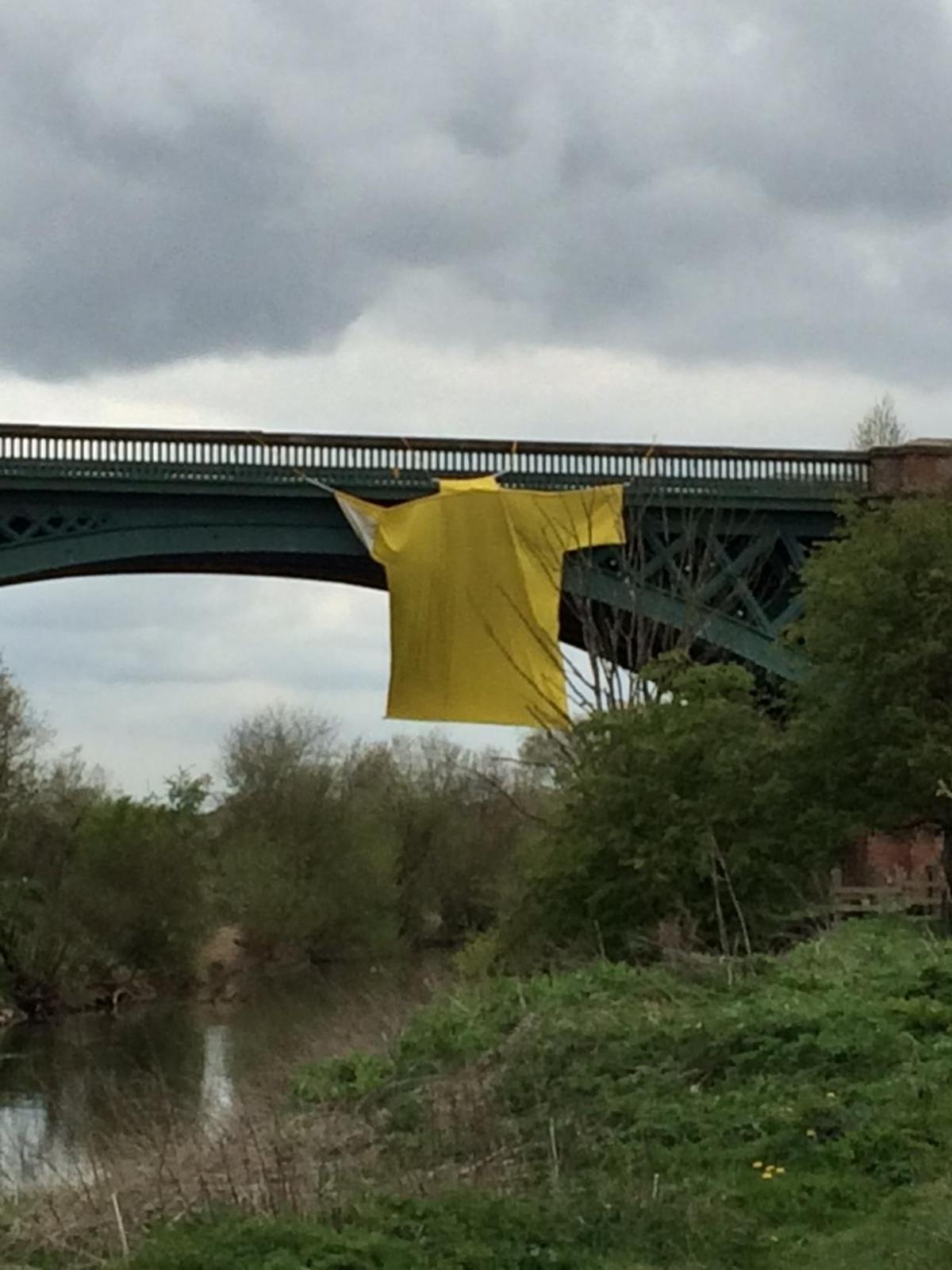 "This fabulous huge, yellow jersey appeared on our historic viaduct in Stamford Bridge. It  appears to have been missed by many - what a great sight. Who had materminded this great stunt was a mystery for days, although the phantom jersey hangers have now