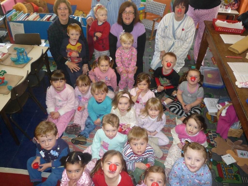 2009 Swinton Playroup, including members of staff, have dressed in their pyjamas for todays session in aid of comic relief. The photo shows all children with staff members (from l-r) Janet Clarke, Judith Boyes and Jan Pitkin.