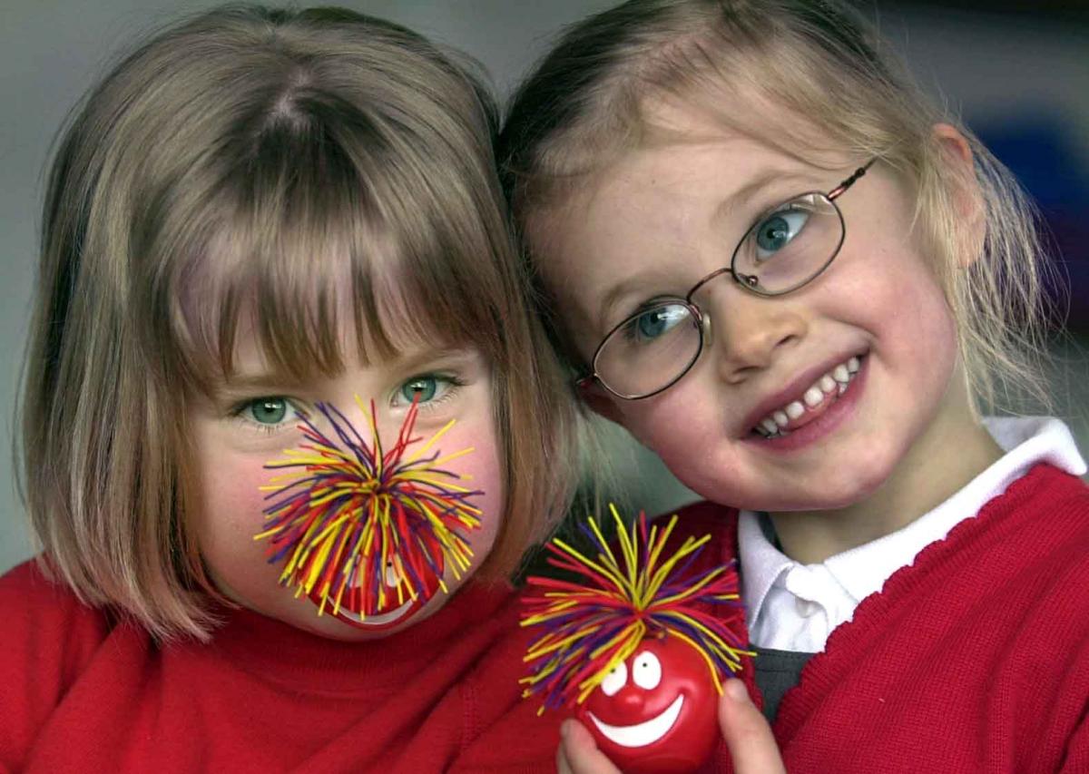 2005: Lucy Bloomfield (left) and Rohan Lyell, who are the newest pupils to attend West Heslerton Primary School try out their red noses for Comic Relief