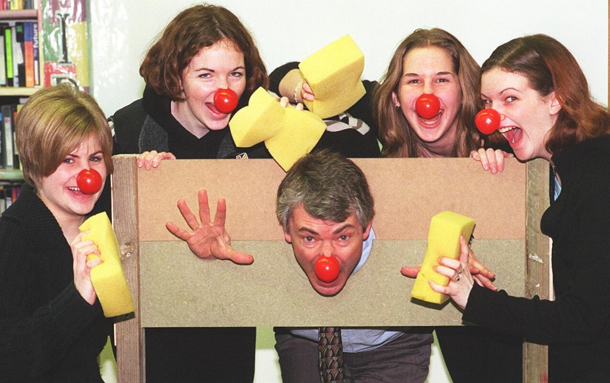 1999: Lady Lumley's School, Pickering, where pupils and staff are raising money for comic relief L-R, Jane Paddison, Katie Fitzgerald 16, Deputy Head Trevor Boag, Ruth Wilson and Eleanor Aldons. Comic relief pic.