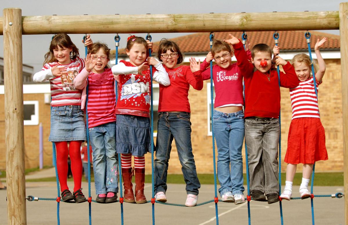 2009 Pupils of St Mary's RC Primary School in Malton who all dressed in red to raise moeney for Comic Relief . Picture : Garry Atkinson