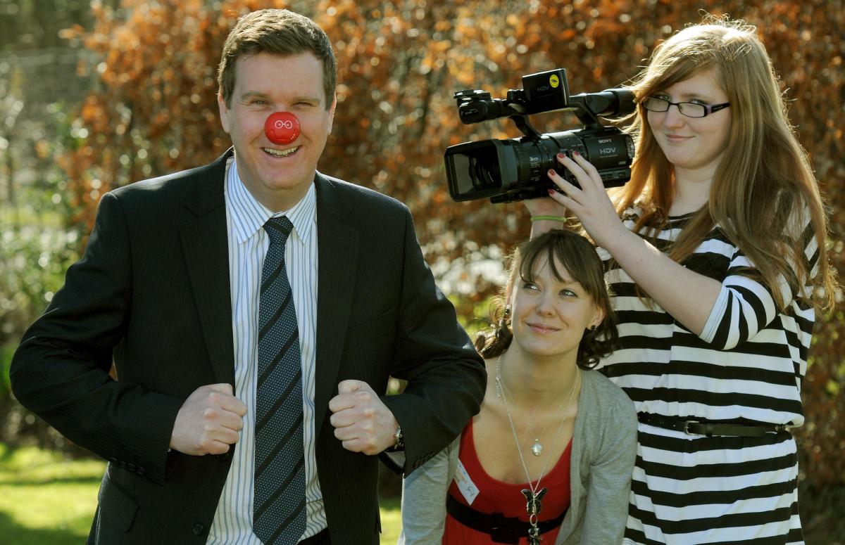 2011 Norton College students Ruth Porter (right) and Laura Kewley, filming headteacher Phil Loftus, for their Comic Relief video. Pic: Mike Tipping