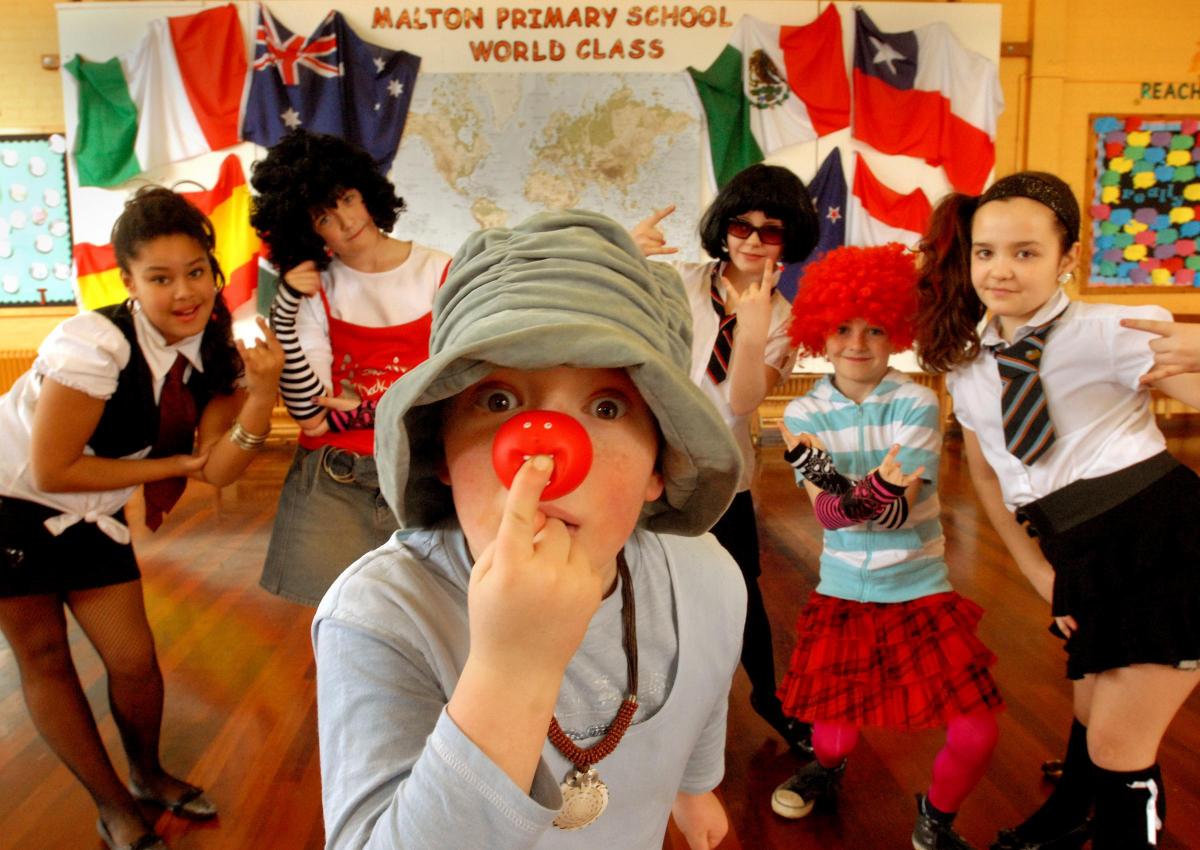 2009 (Foreground) Tom Pool and (from left) Mia West,Jared Pickering,Beth Armstrong, Liam Wheeler and Charley Metcalfe who were among the pupils of Malton County Primary School who wore fancy dress to raise funds for Comic Relief. Picture : Garry Atkinson