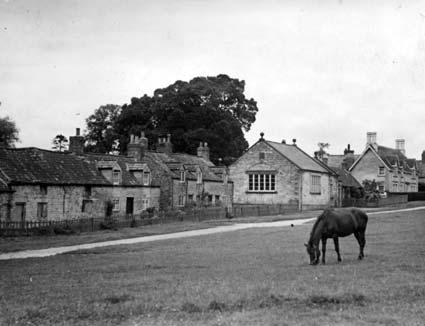 A horse grazes on the village green at Coneysthorpe in 1936.