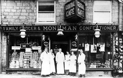 Monkman's, the family grocer in the Market Place, Pickering. Staff are: Gordon Ward, Cyril Monkman, Freddie Monkman, Dorothy Norton, Frances Pickup and J A Dymock.