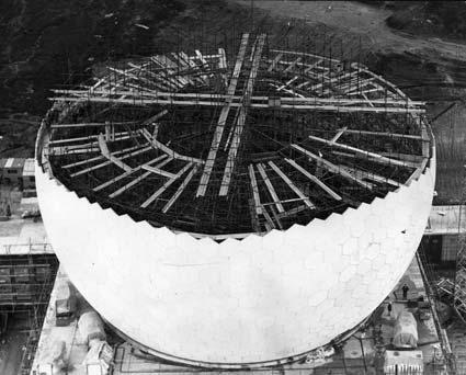A half-built radome (golf ball) at RAF Fylingdales in October 1962, showing a spider's web of scaffolding inside.